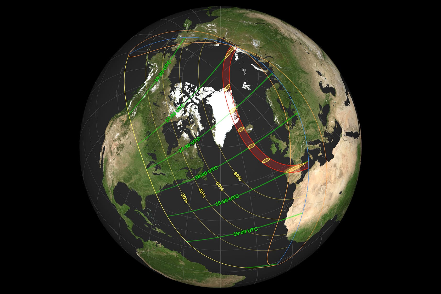 A global map depicting the shadow path for the Aug. 12, 2026, total solar eclipse. (NASA)