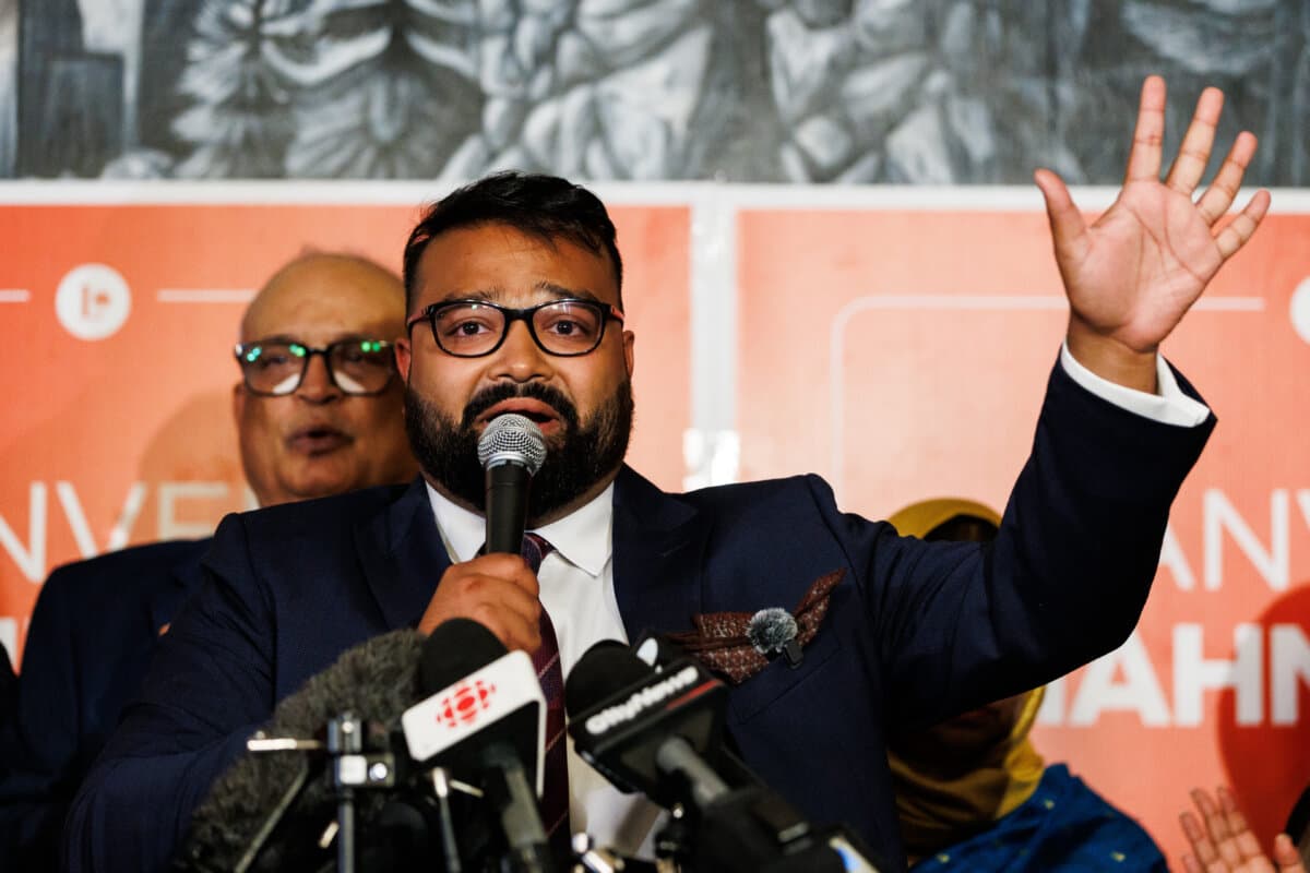 Liberal MP-elect for Beaches-East York, Tanveer Shanhnawaz speaks to the crowd at an election night watch party in Toronto on Aug. 31, 2026. (The Canadian Press/Keito Newman)