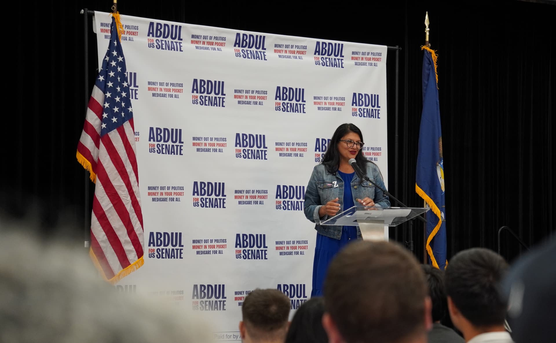 Rep. Rashida Tlaib (D-Mich.) speaks at a rally for Michigan Democratic Senate candidate Abdul El-Sayed in Dearborn, Mich., on July 31, 2026. (Jacob Burg/The Epoch Times)