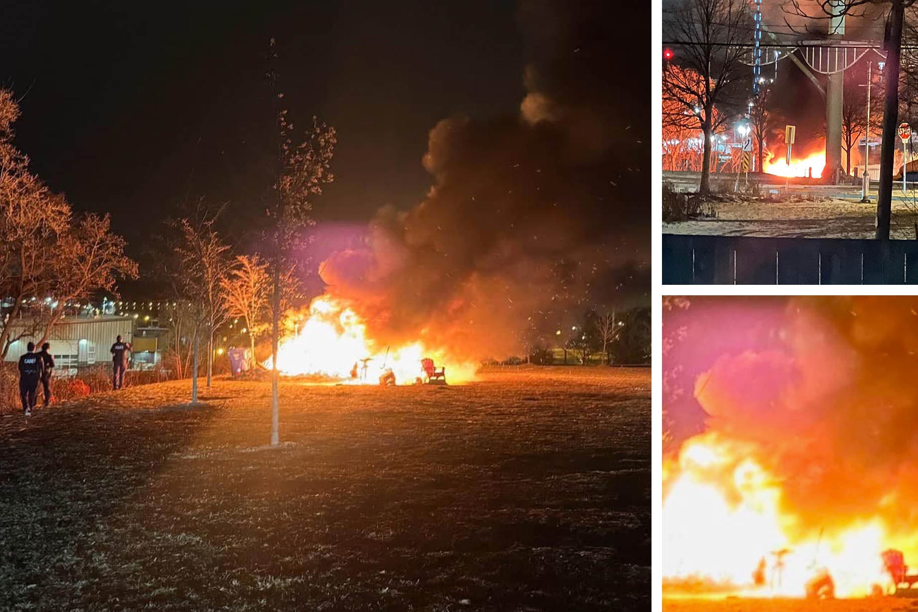 The tent fire in the gravel parking lot of Hutch’s diner at Hamilton’s Bayfront Park on Jan. 5, 2025. (Courtesy of Christine Fox)