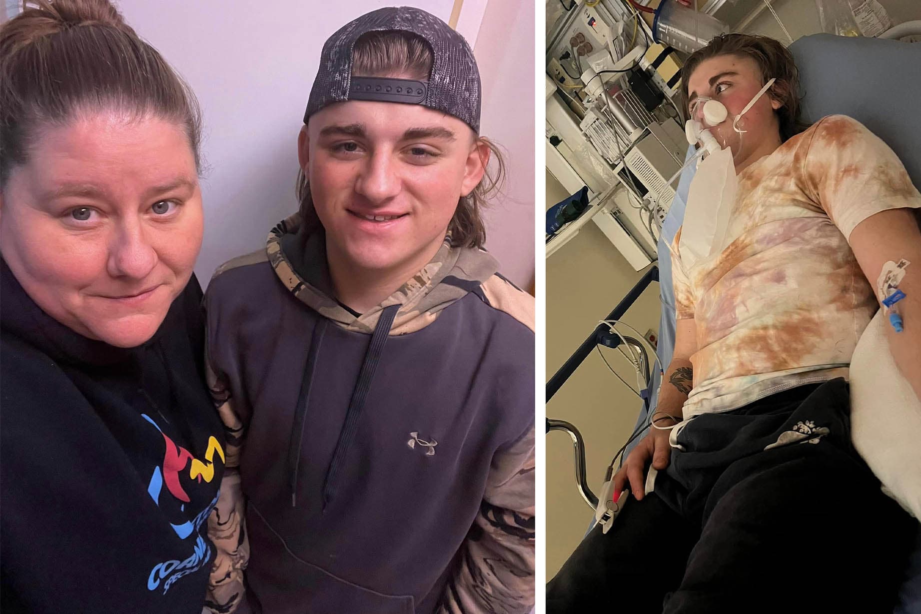 (Left) Christine Fox and her son, Zeke Fox (Courtesy of Christine Fox); (Right) Zeke Fox receives treatment for smoke inhalation after the fire.
