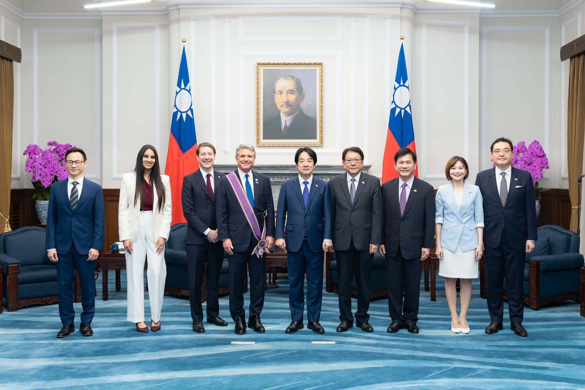 Taiwanese President Lai Ching-te presents Rep. Michael McCaul (R-Texas), chairman emeritus of the House Foreign Affairs Committee, with the Order of Brilliant Star with Grand Cordon in Taipei on Aug. 4, 2026. (Courtesy of the Office of the ROC President)