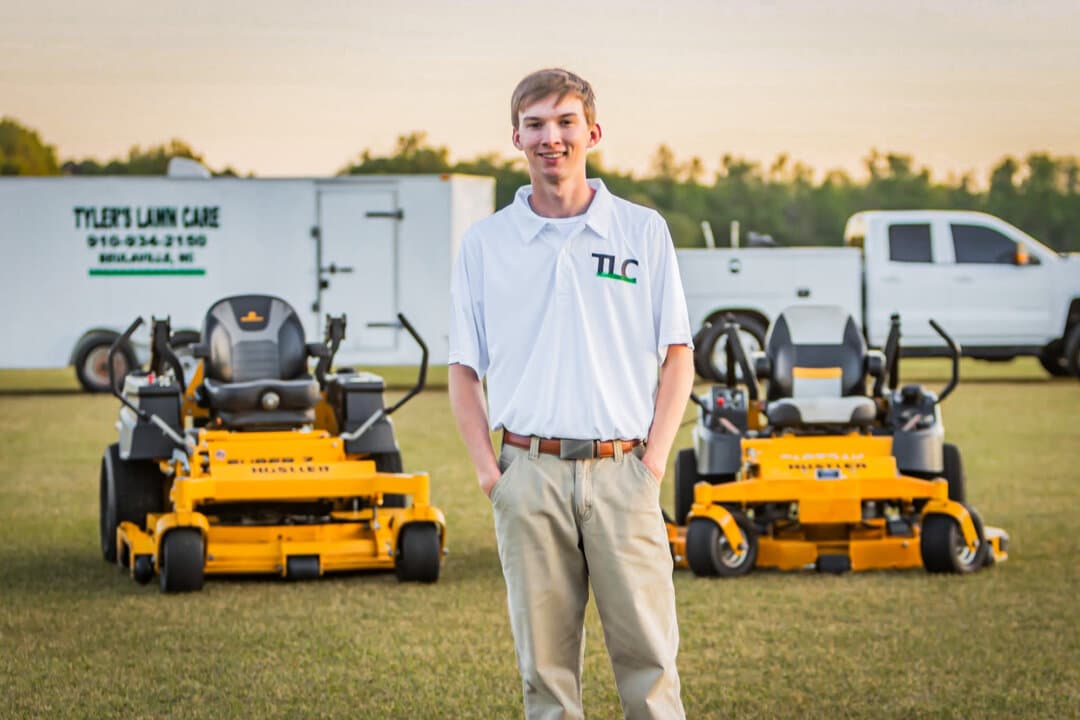 Tyler Brock, 18, owner of Tyler's Lawn Care in Duplin County, N.C., on April 21, 2026. Despite a worsening job market for teenagers, he is finding success in more ways than one—he recently purchased a hog farm. (Courtesy of Tyler Brock)