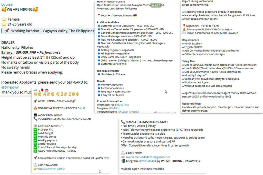 Screenshots show hiring messages on Telegram recruiting workers for scam centers. Criminal syndicates behind scam compounds in Cambodia and Thailand often lure unsuspecting victims with offers of high-paying jobs. (U.S. Department of Justice)