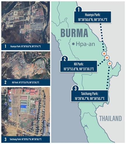 A map shows the locations of scam compounds in Burma (also known as Myanmar). Chinese crime syndicates work with local armed groups such as Burma's Democratic Karen Benevolent Army to develop and shield the compounds, supporting organized crime and financing local militia activities. (U.S. Treasury Department)