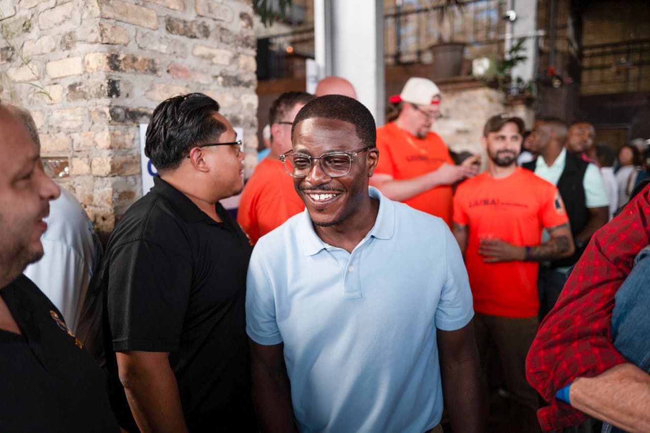 David Crowley, Milwaukee County executive and Democratic gubernatorial candidate, greets supporters at a rally in Milwaukee on Aug. 10, 2026. (Scott Olson/Getty Images)