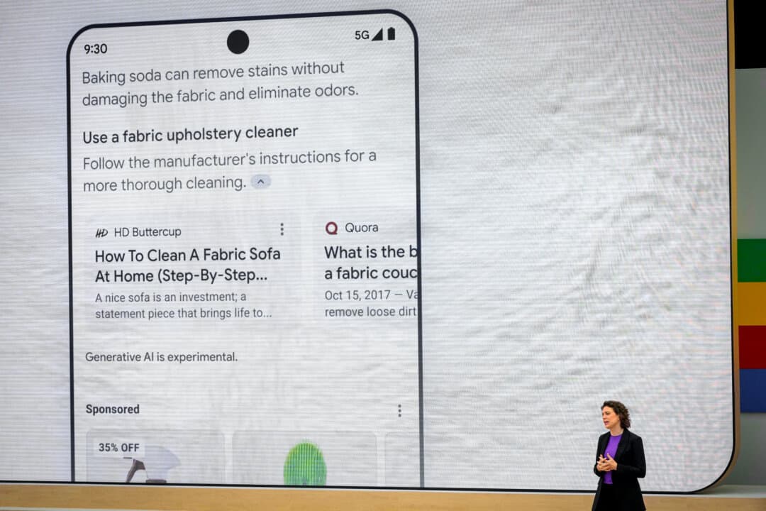 Liz Reid, Google's vice president of Search, demonstrates an AI-generated search result during the Google I/O conference in Mountain View, Calif., on May 14, 2024. Today, most internet traffic comes from bots, with AI-powered web crawlers driving up infrastructure costs and forcing businesses to rethink advertising, engagement metrics, and how they reach human customers. (Jeff Chiu/AP Photo)