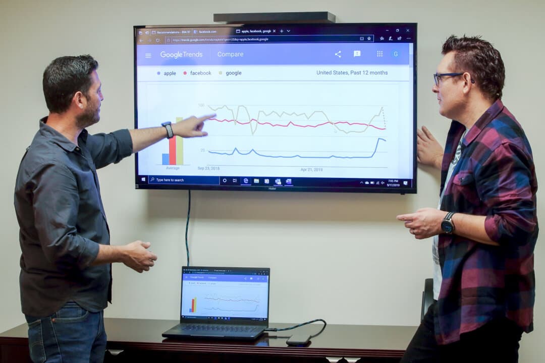 Gabe Uribe (R) of tech public relations firm LA Tech House reviews Google Trends data with a strategist, in Beverly Hills, Calif., on Sept. 17, 2019. Business owners say websites are seeing more bot traffic, causing advertising to consume a growing share of budgets while reaching fewer real customers. (Damian Dovarganes/AP Photo)