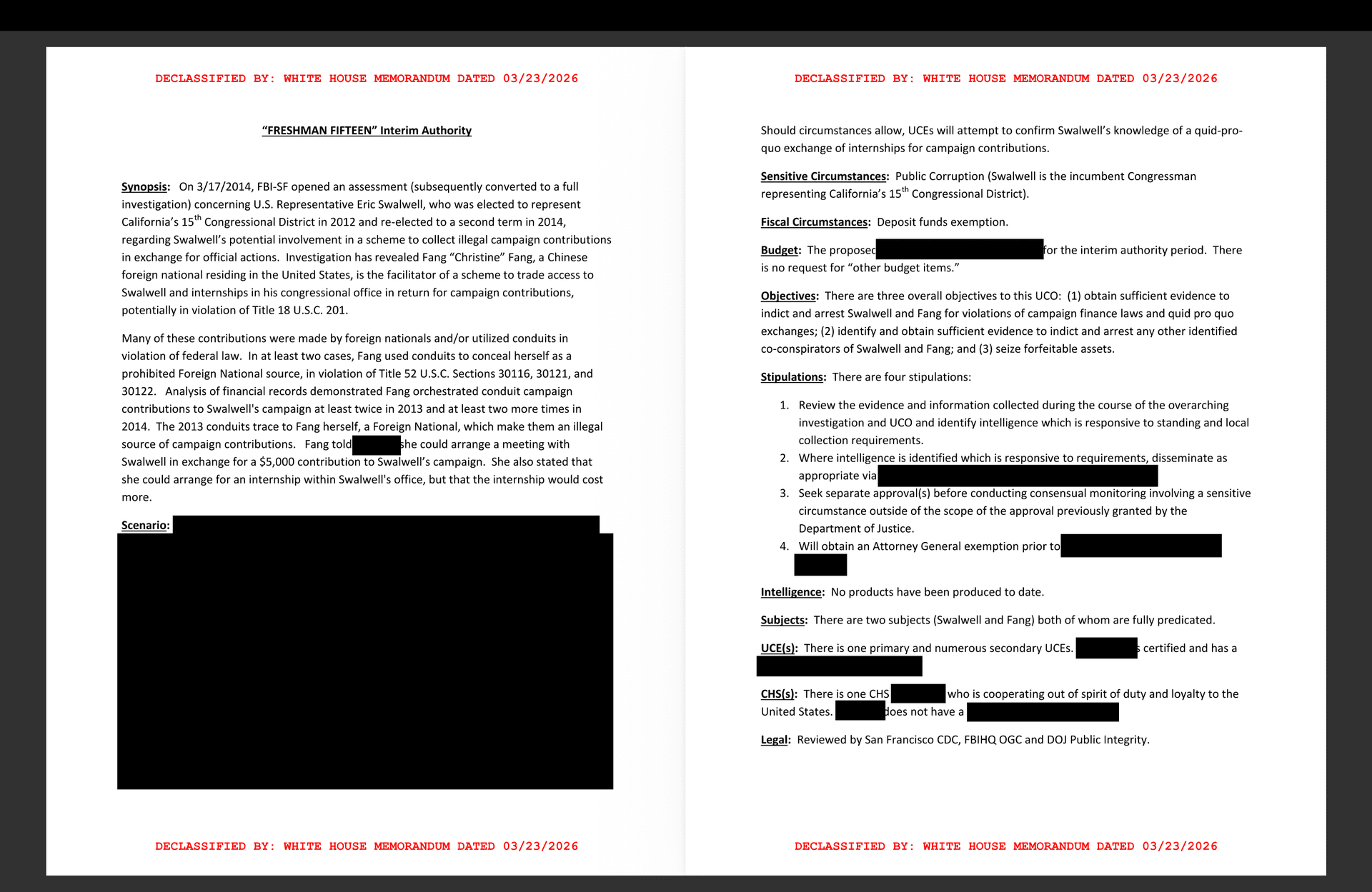 Newly declassified documents released by the White House Government Transparency Task Force on Aug. 17 reveal an operation to investigate former Rep. Eric Swalwell (D-Calif.) and his volunteer Christine Fang for campaign finance violations. (Courtesy of the White House)
