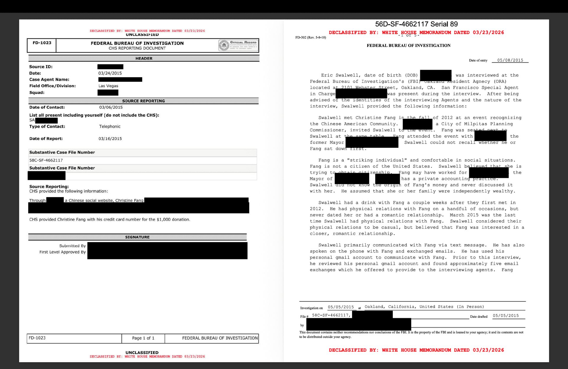 Newly declassified documents released by the White House Government Transparency Task Force on Aug. 17 reveal admissions from former Rep. Eric Swalwell (D-Calif.) that he had a sexual relationship with suspected Chinese spy Christine Fang. (Courtesy of the White House)