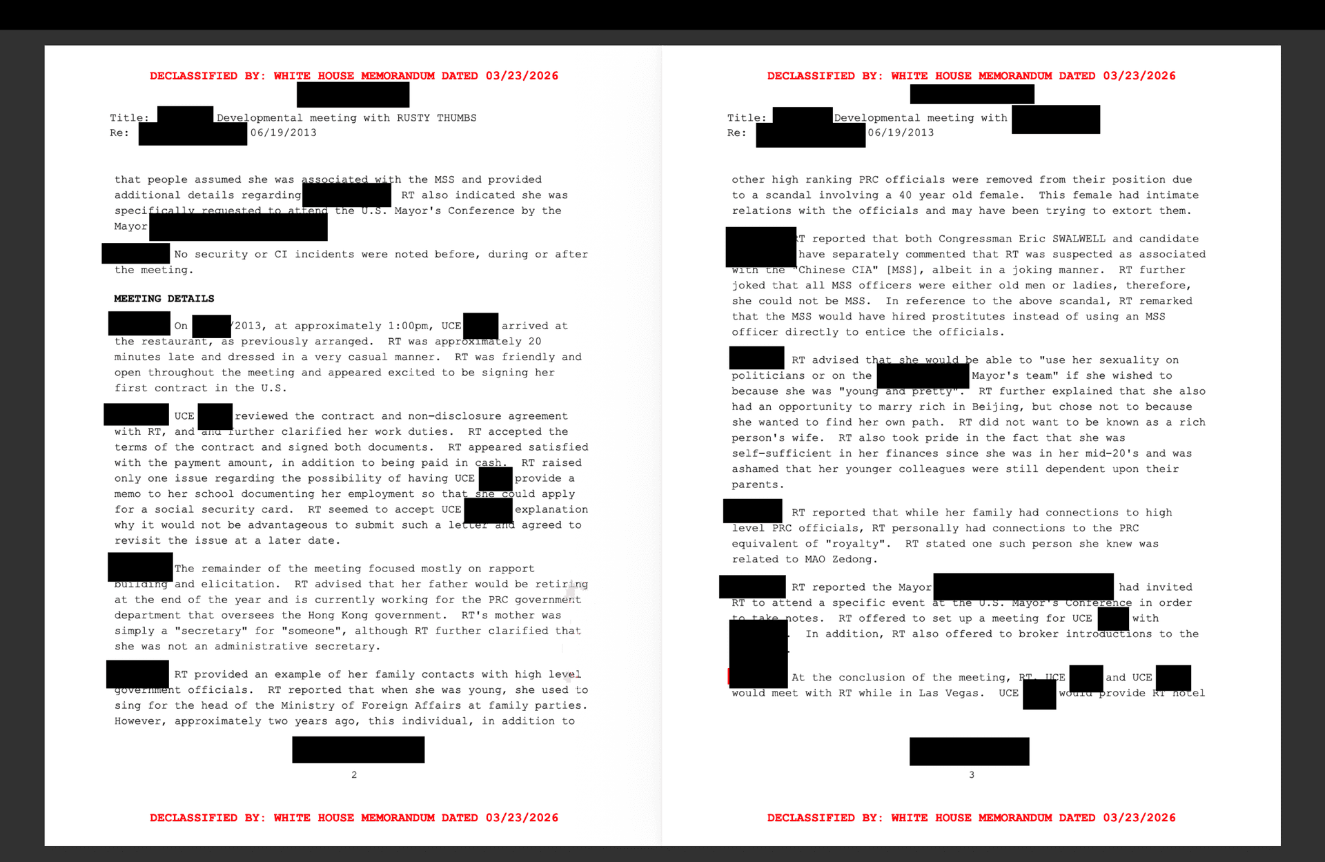 Newly declassified documents released by the White House Government Transparency Task Force on Aug. 17 reveal an operation to investigate suspected Chinese spy Christine Fang, code-named Rusty Thumbs. (Courtesy of the White House)