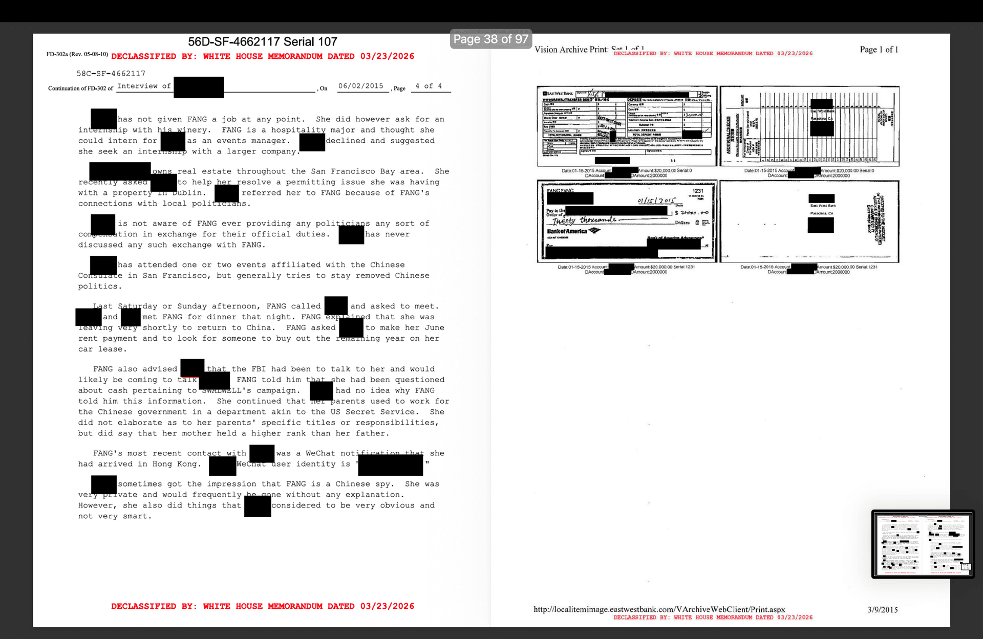 Newly declassified documents released by the White House Government Transparency Task Force on Aug. 17 reveal an operation to investigate suspected Chinese spy Christine Fang and her ties to the Chinese Communist Party's intelligence agency. (Courtesy of the White House)