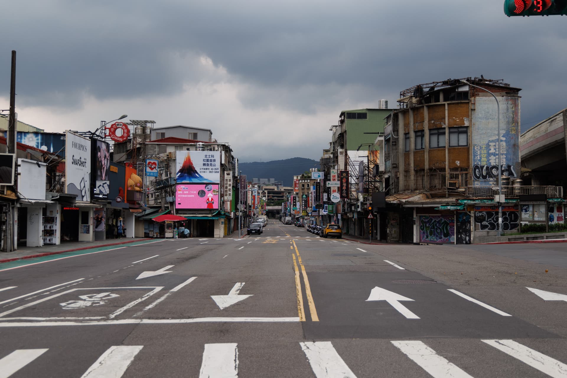 An overview shows an empty street during a simulated attack in Taipei on Aug. 13, 2026. (Cheng Yu-chen / AFP via Getty Images)