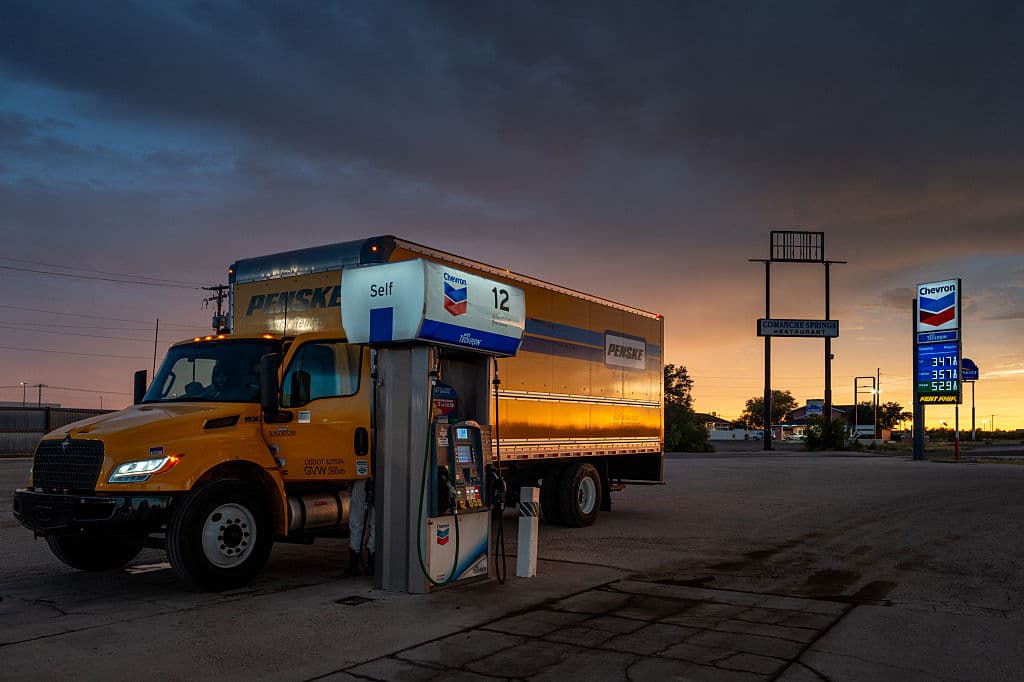 Gas and diesel prices are displayed at a Chevron gas station in Fort Stockton, Texas, on Aug. 14, 2026. (Brandon Bell/Getty Images)
