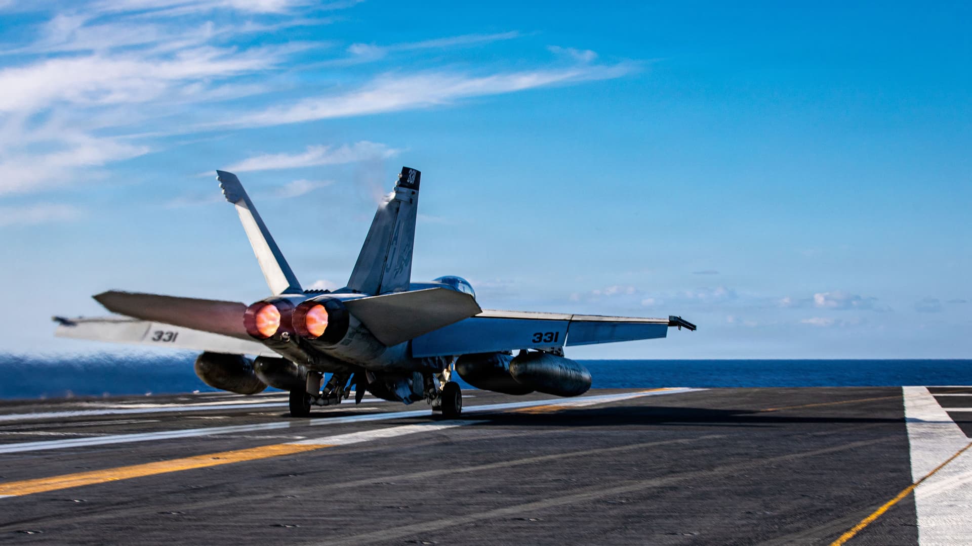 An F/A-18E Super Hornet aircraft, attached to Strike Fighter Squadron 31, launches from the flight deck of the aircraft carrier, USS Gerald R. Ford, while supporting combat operations against Iran on Feb. 28, 2026. (U.S. Navy photo)