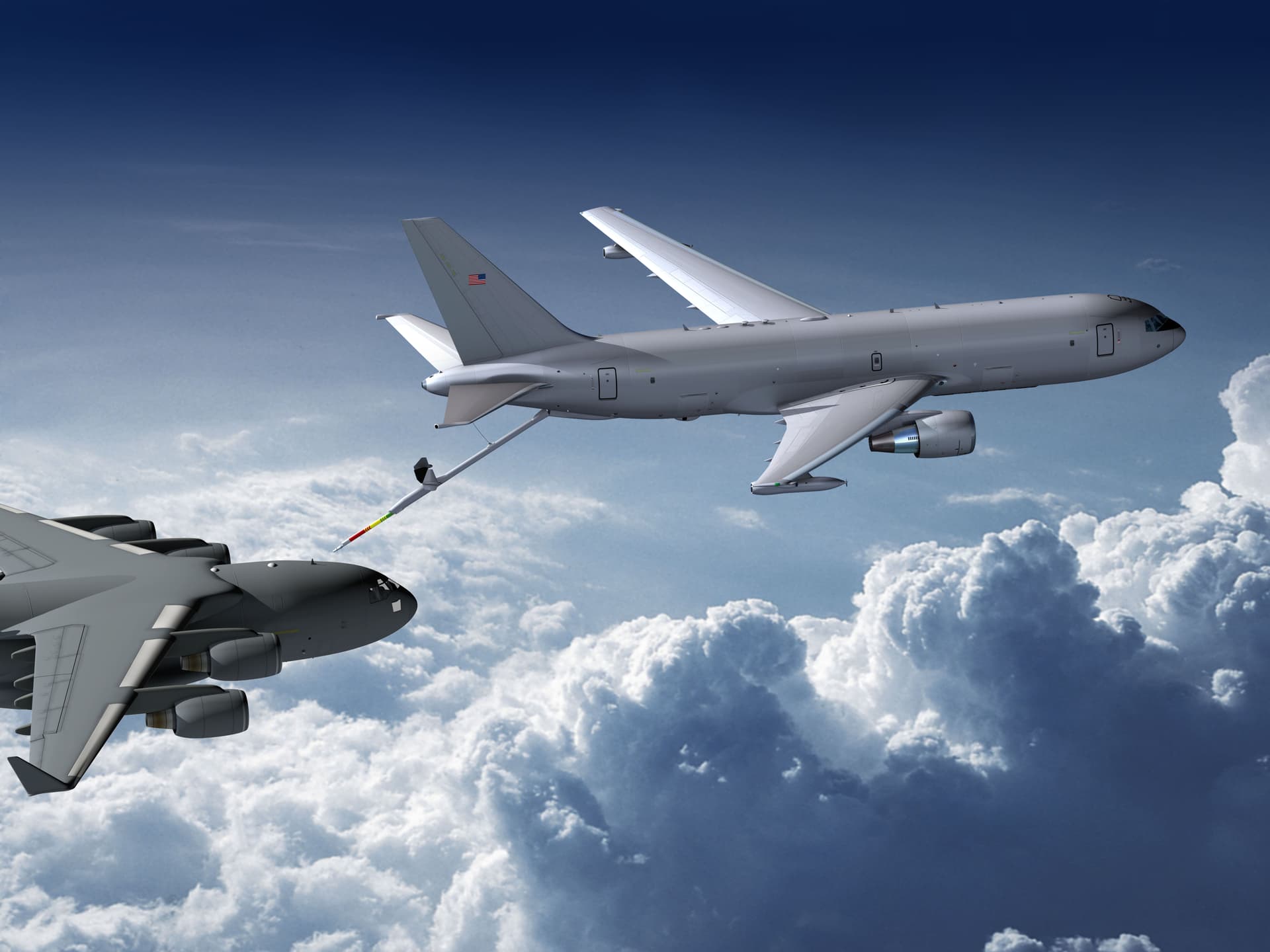 A graphic depiction of a KC-46A refueling a C-17 Galaxy. (Courtesy of USAF)