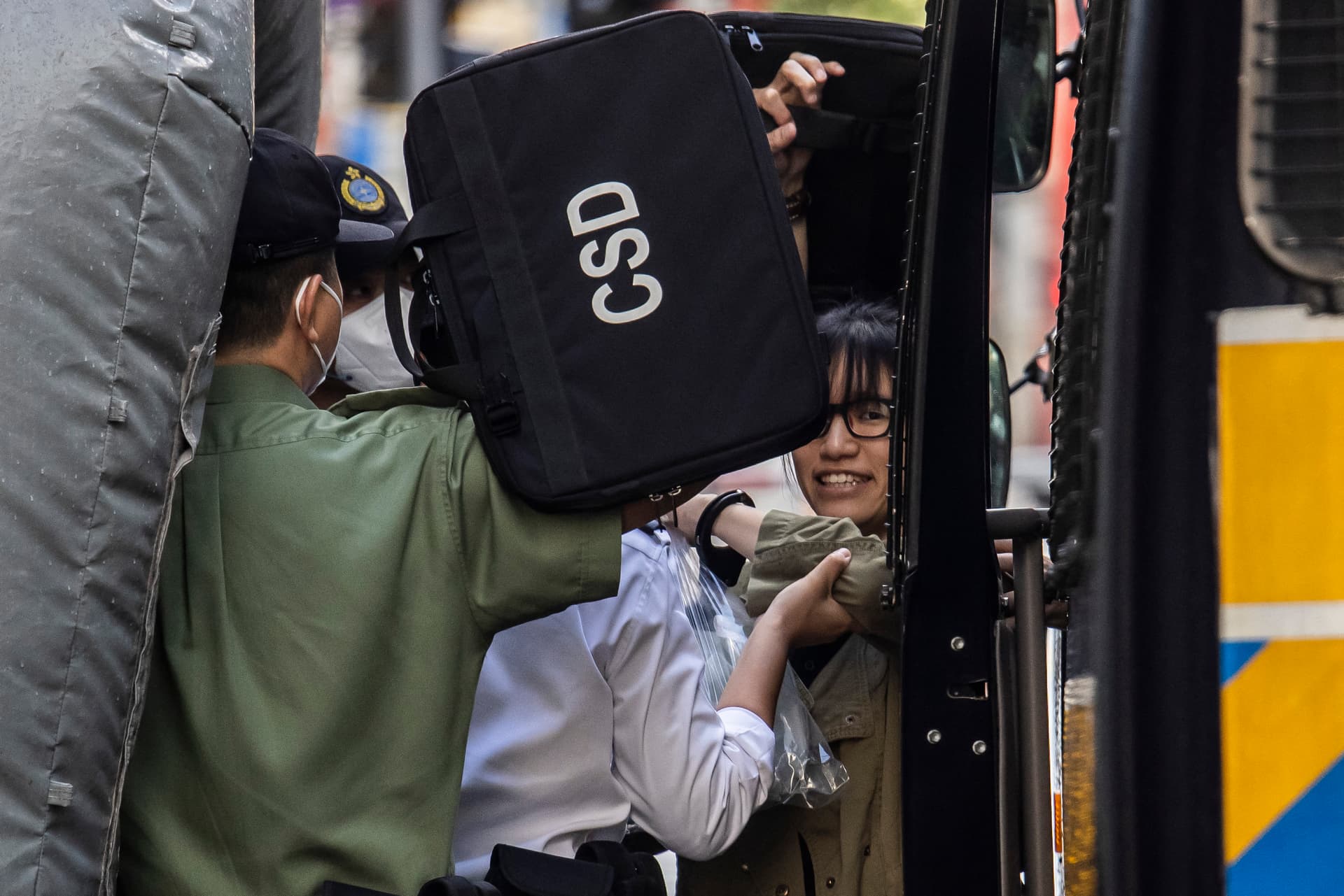 Chow Hang-tung (R) arrives at the Court of Final Appeal in Hong Kong on June 8, 2023. (Iassc Lawrence/AFP via Getty Images)