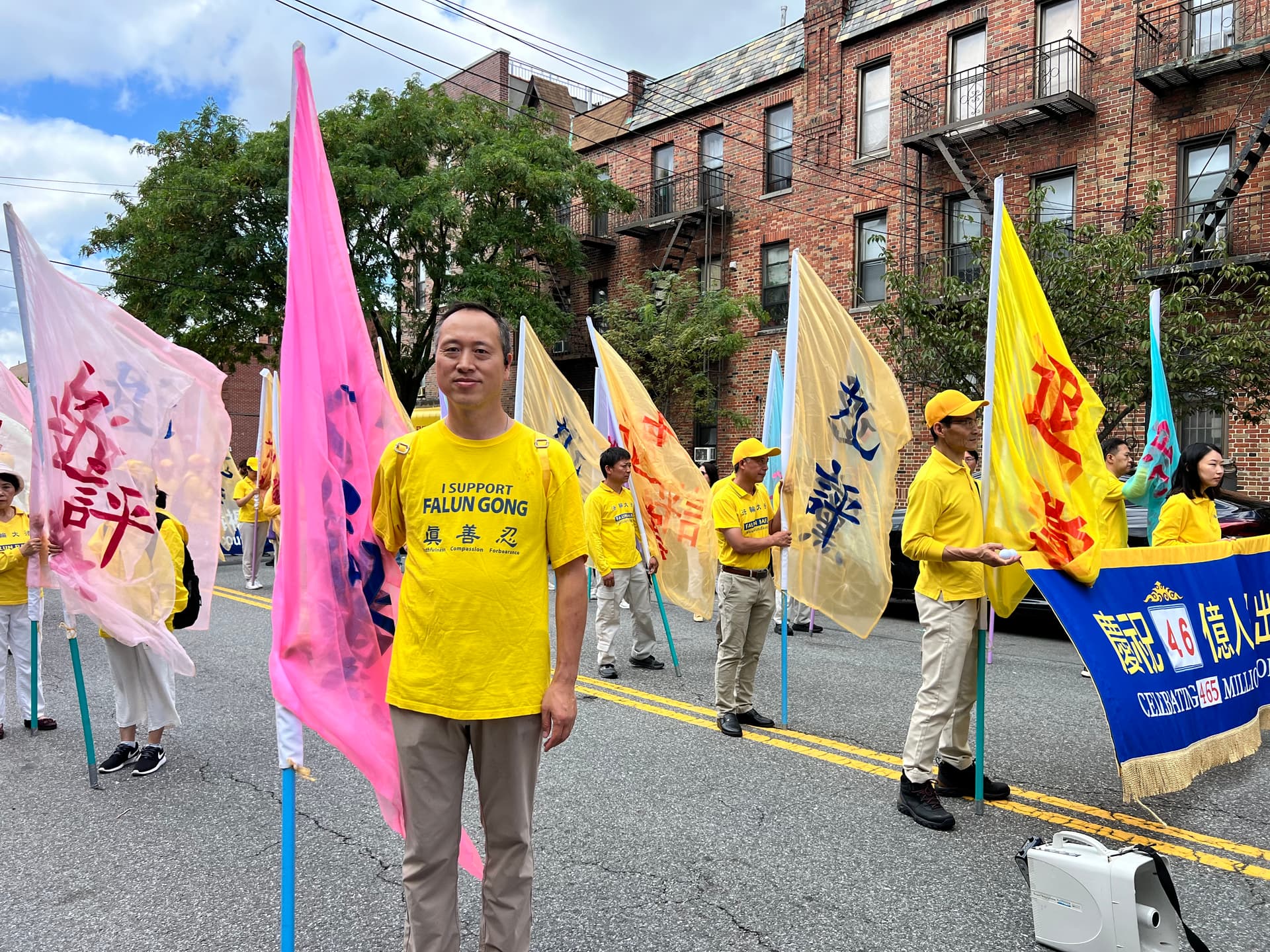 Gao Fei at a Falun Gong march in New York City on Aug. 23, 2026. (Cai Rong/The Epoch Times)