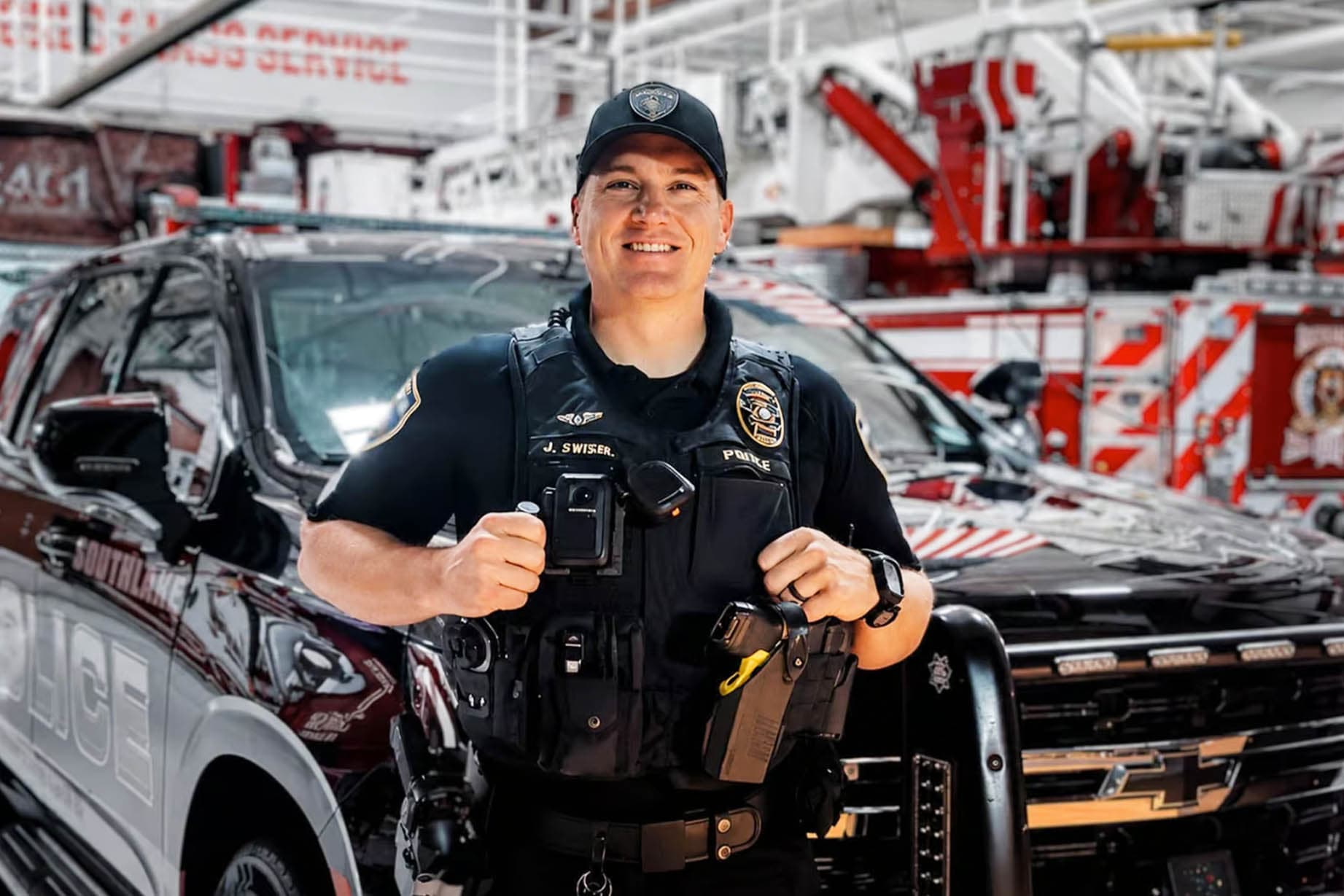 Corporal Joshua Swisher the Southlake Department of Public Safety’s Meritorious Conduct Award for his actions after pulling a driver from a burning car on June 7, 2026. (Southlake Department of Public Safety)