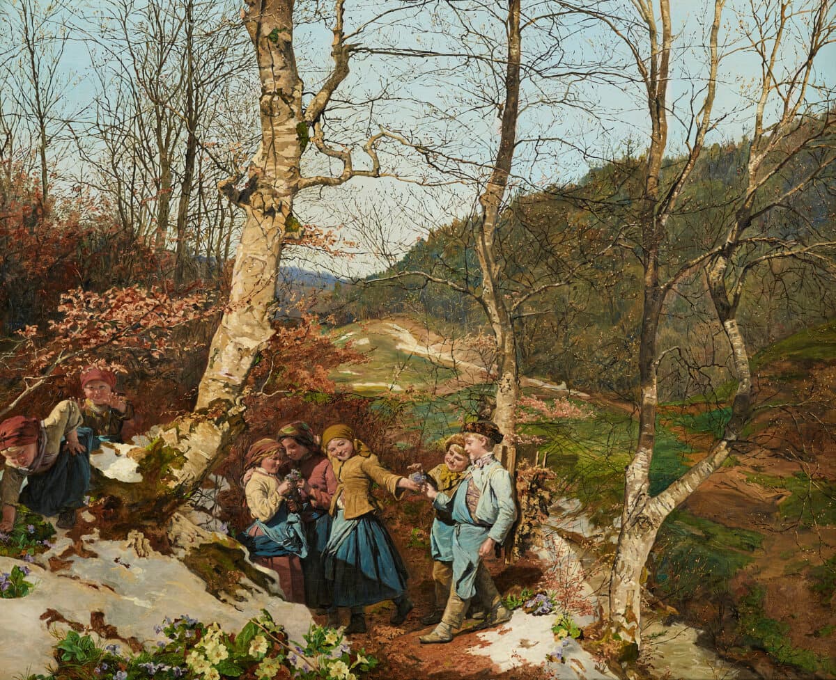 “Early Spring in the Wienerwald, Violet Pickers in the Wienerwald,” 1861, by Ferdinand Georg Waldmüller. Oil on wood; 20 1/2 inches by 26 inches. Belvedere, Vienna. (Copyright Belvedere, Vienna)