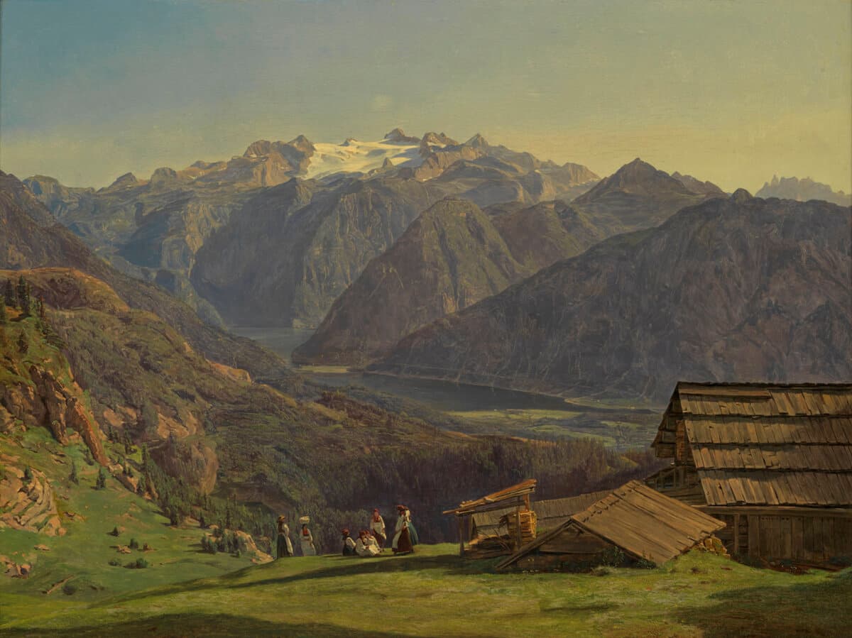 “View of the Dachstein With Lake Hallstättersee Seen From the Hötteneckalpe Near Ischl,” 1838, by Ferdinand Georg Waldmüller. Oil on wood; 17 7/8 inches by 22 5/8 inches. Wien Museum Karlplatz, Vienna. (Copyright Wien Museum Karlplatz, Vienna)