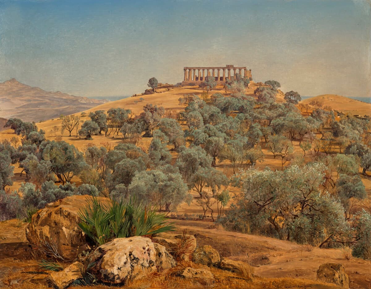 “Ruins of the Juno Lacinia Temples Near Agrigento,” 1845, by Ferdinand Georg Waldmüller. Oil on wood; 12 1/4 inches by 15 3/8 inches. Belvedere, Vienna, on permanent loan from a private collection. (Copyright Belvedere, Vienna)
