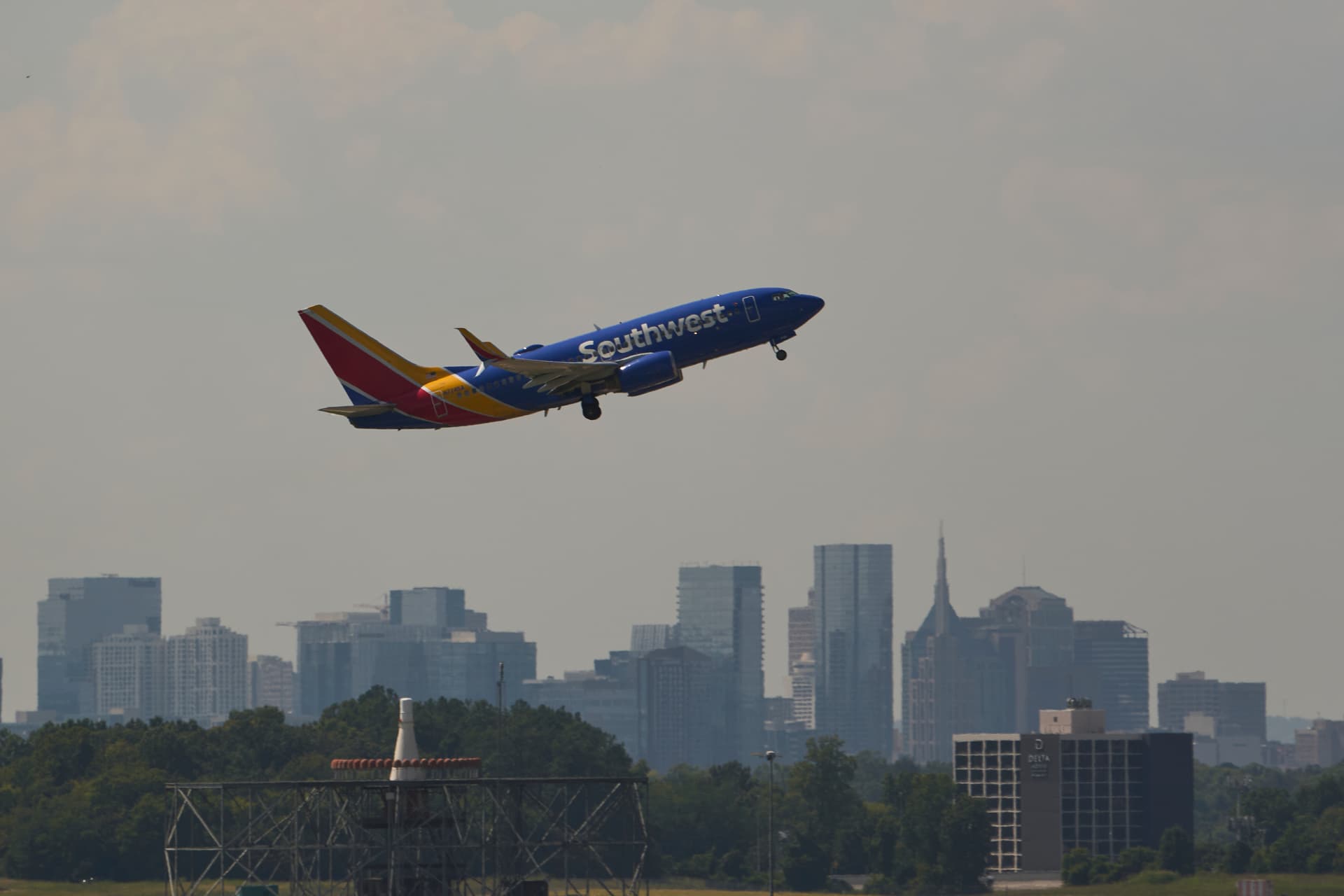 A Southwest jet takes off from the Nashville International Airport in Nashville on Friday, Aug. 28, 2026. (AP Photo/George Walker IV)