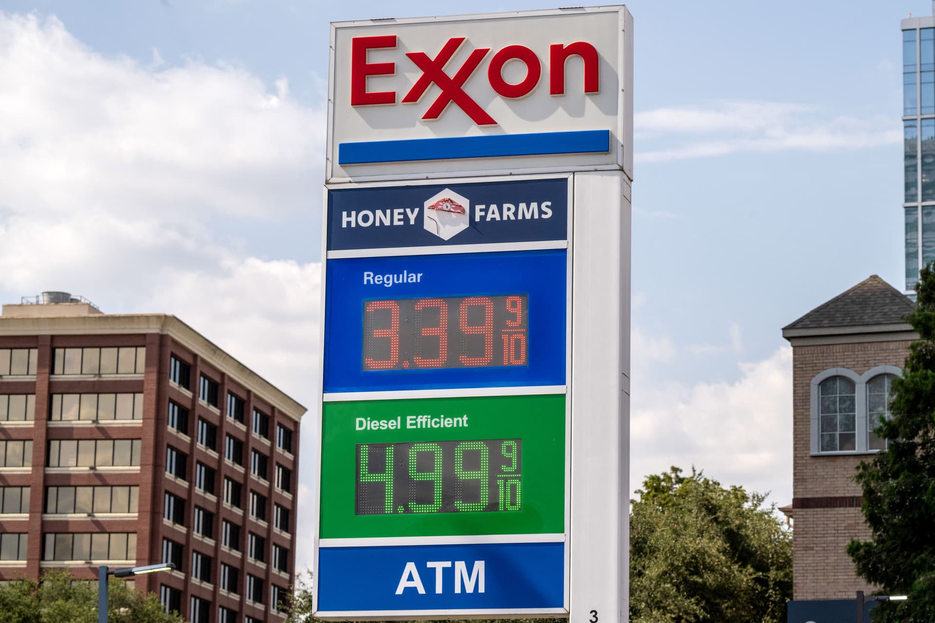 Gasoline prices are seen at an Exxon gas station in Houston on Aug. 25, 2026. (Ronaldo Schemidt/AFP via Getty Images)