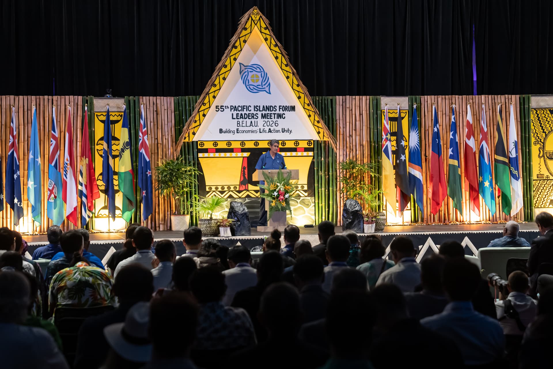 Palauan President Surangel Whipps Jr. speaks at the opening ceremony of the Pacific Islands Forum Leaders Meeting in Koror, Palau, on Aug. 31, 2026. (Tal Atzmon/The Epoch Times)
