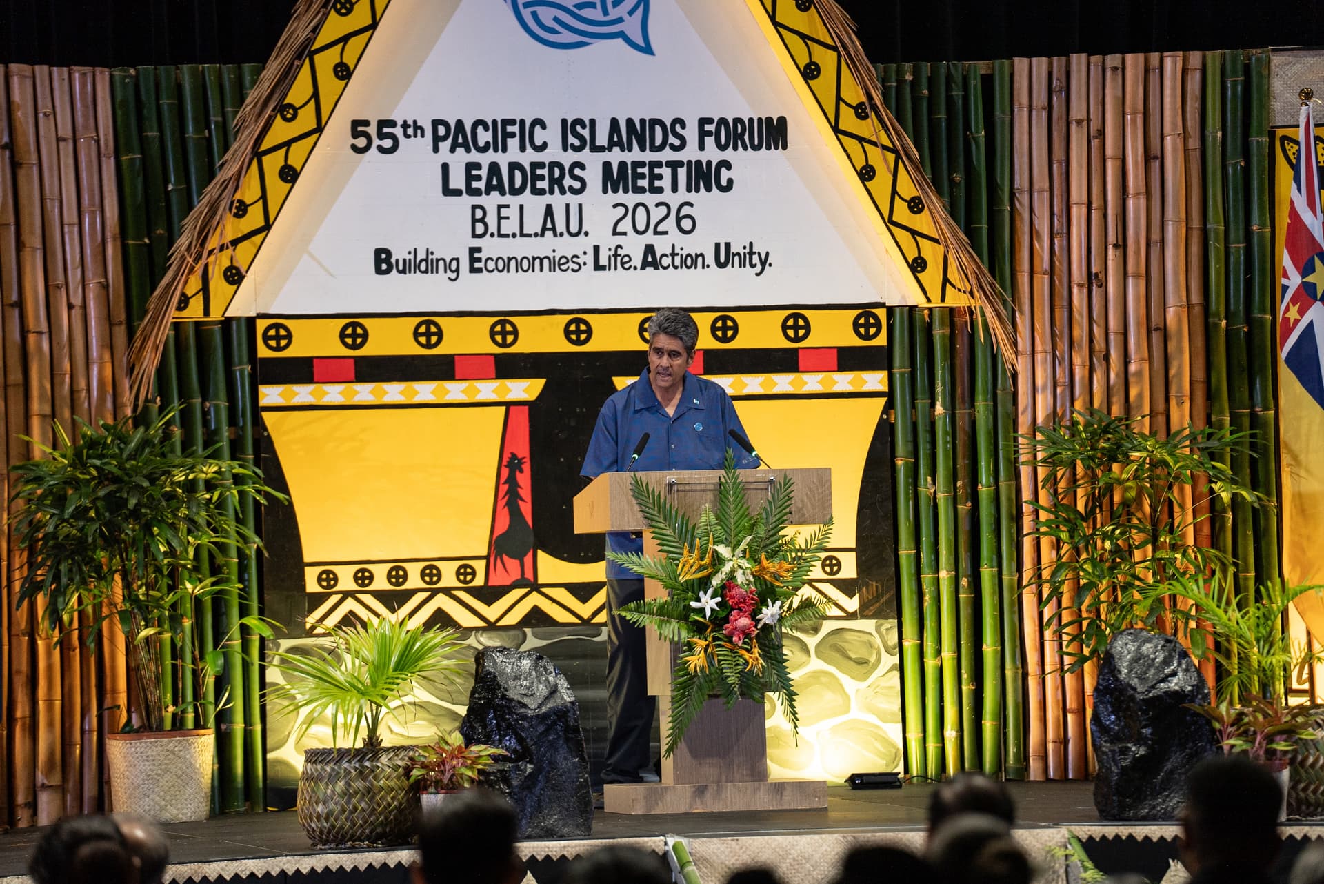 Palauan President Surangel Whipps Jr. speaks at the opening ceremony of the Pacific Islands Forum Leaders Meeting in Koror, Palau, on Aug. 31, 2026. (Tal Atzmon/The Epoch Times)