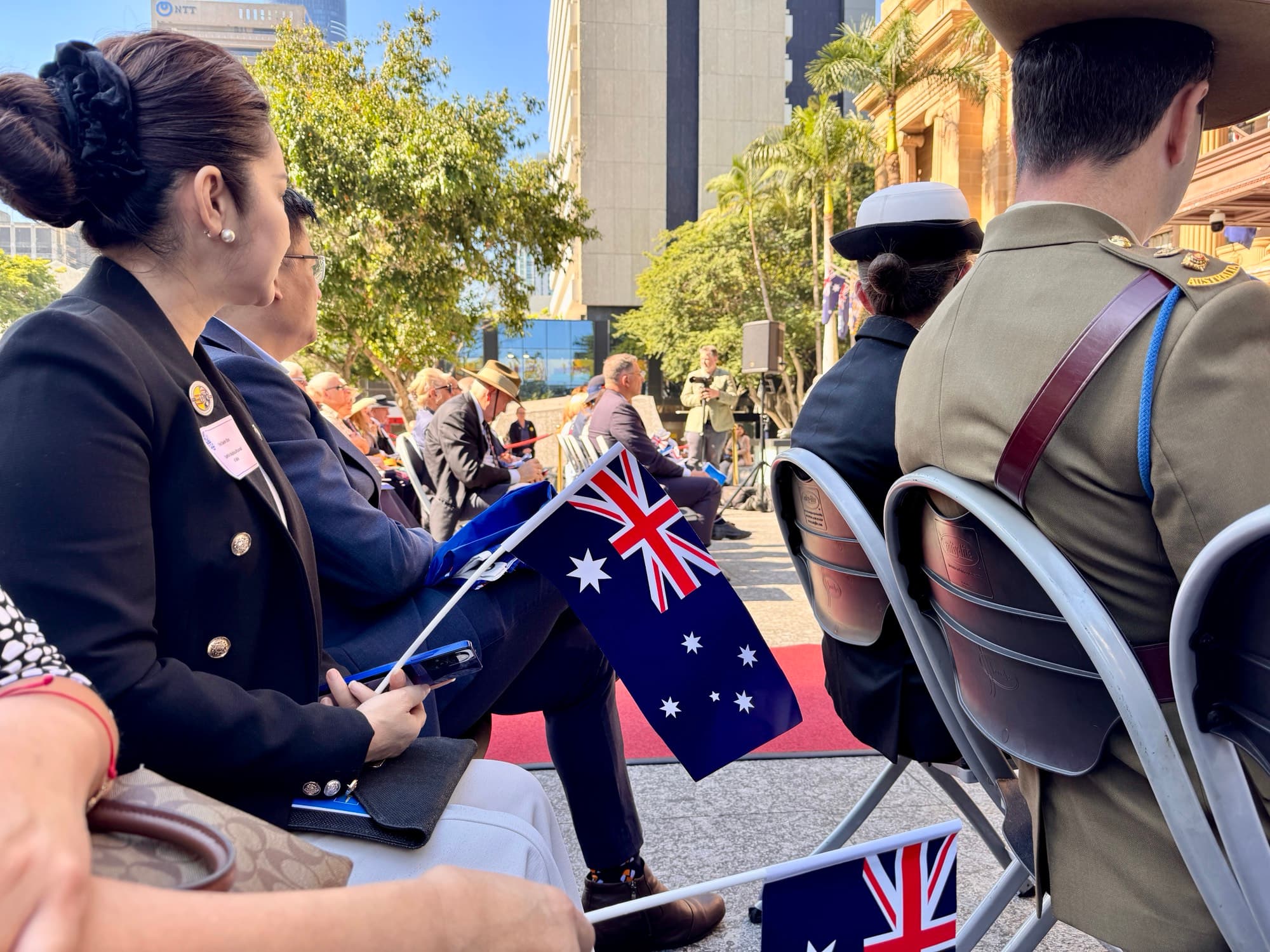 Attendees at the National Flag Day ceremony in King George Square, Brisbane, on September 3, 2026. (Daniel Y Teng / Epoch Times)