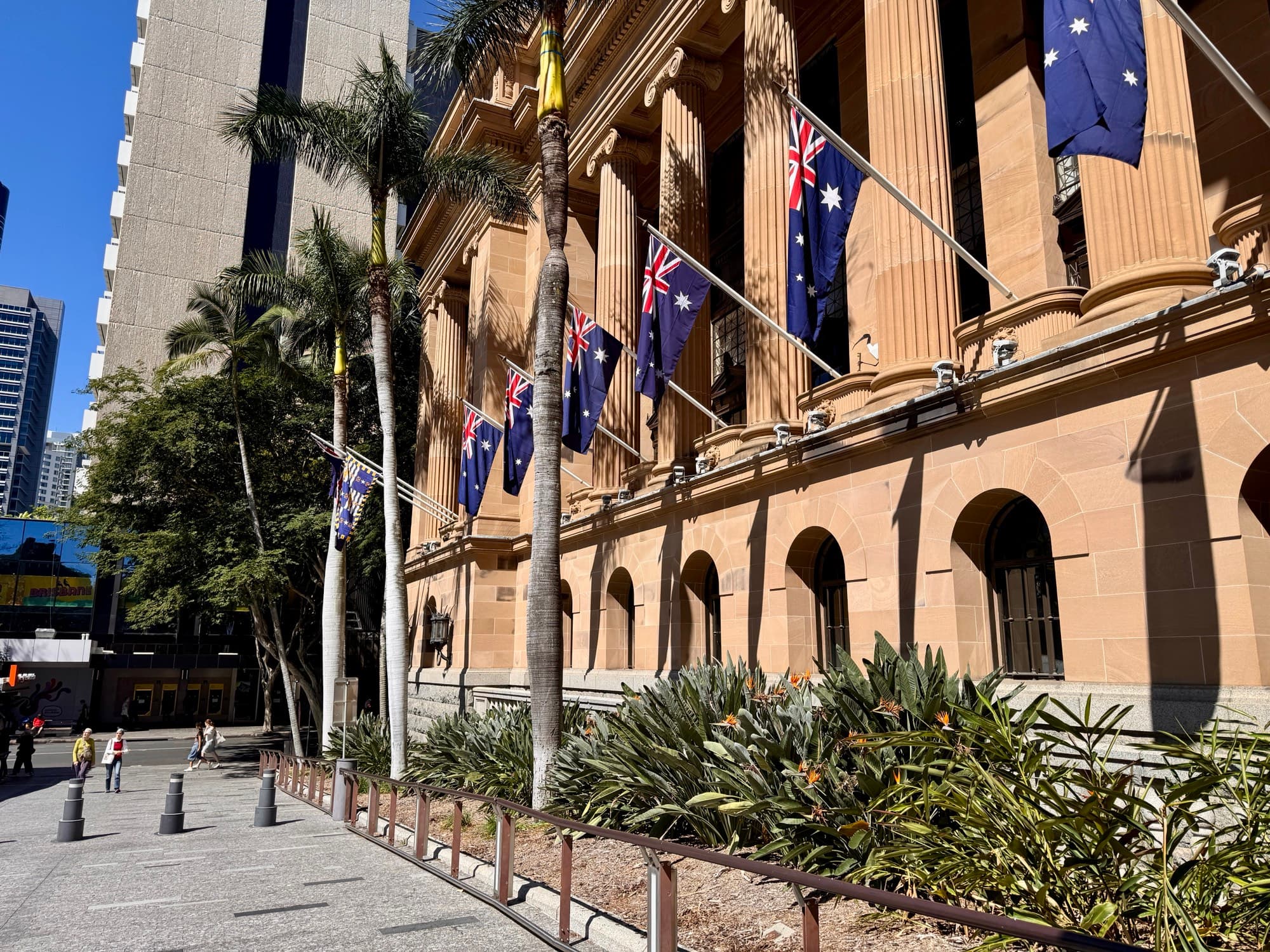 Flags out in King George Square for National Flag Day in Brisbane, Australia on Sept. 3, 2026. (Daniel Y. Teng/The Epoch Times)