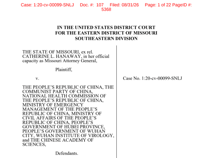 The first page of an Aug. 31, 2026, federal court filing by Hubei Province and the Chinese Academy of Sciences seeking to set aside Missouri’s $24.5 billion default judgment over pandemic-era PPE and dismiss the case. (U.S. District Court for the Eastern District of Missouri)