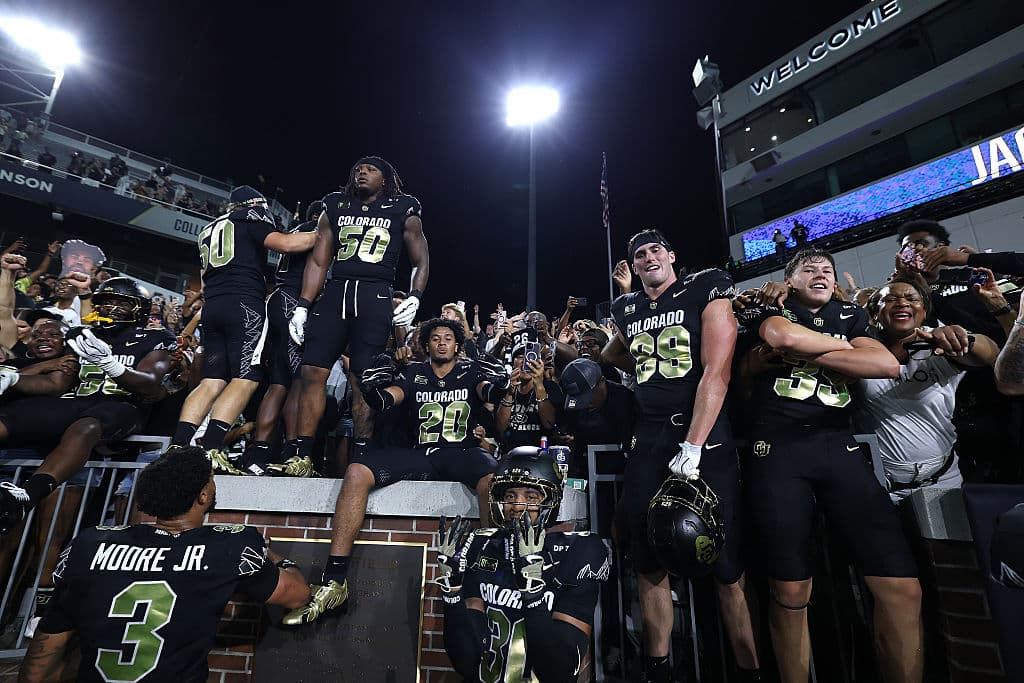 The Colorado Buffaloes celebrate their 14–13 win over the Georgia Tech Yellow Jackets at Bobby Dodd Stadium in Atlanta, Ga., on Sept. 03, 2026. (Kevin C. Cox/Getty Images)
