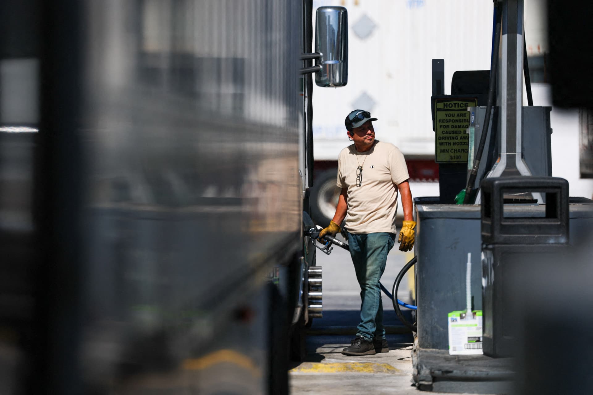 A truck is refueled with diesel at a truck stop in Commerce, Calif., on Aug. 26, 2026. (Patrick T. Fallon/AFP via Getty Images)