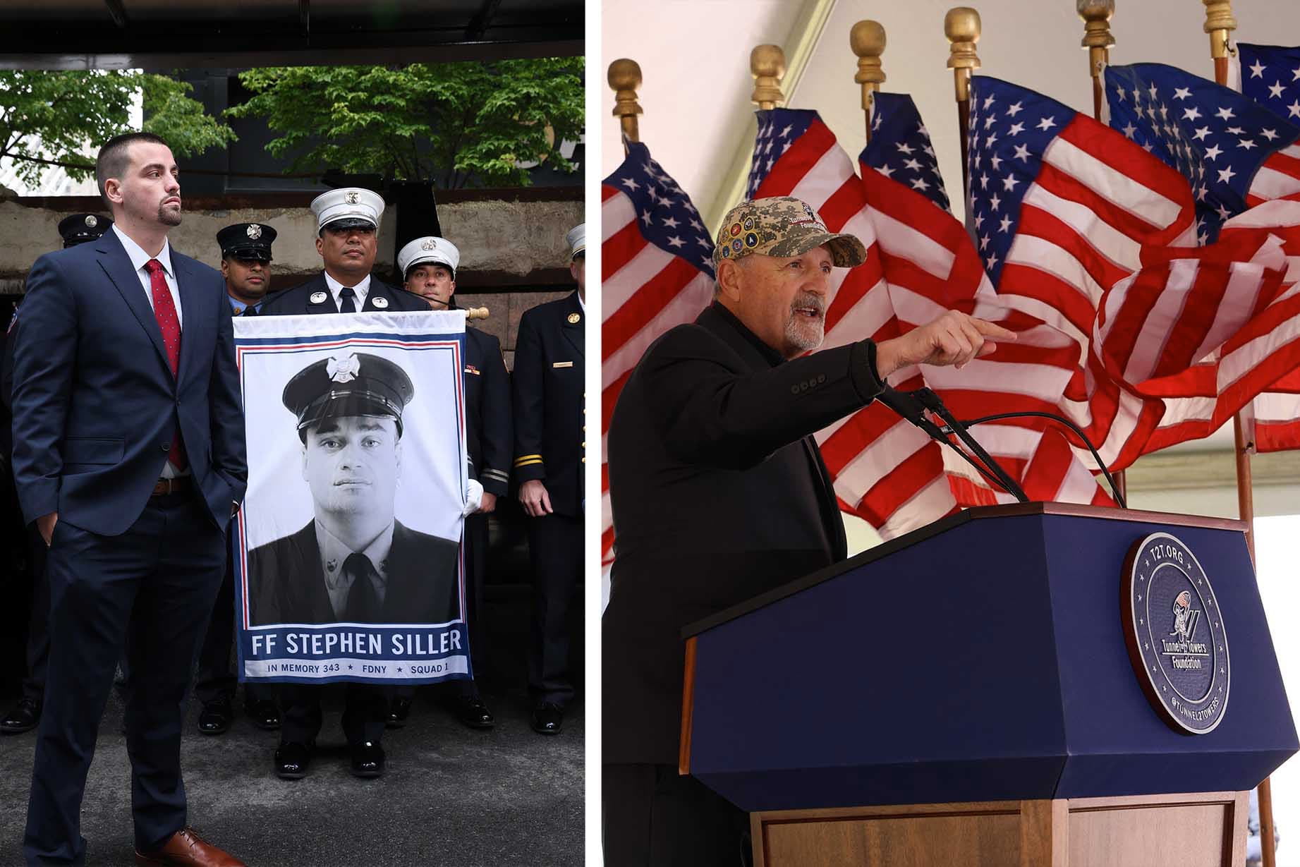 (Left) Stephen Siller Jr. honors his father, firefighter Stephen Siller, and the others who died in the attacks of 9/11; (Right) Tunnel to Towers CEO Frank Siller. (Tunnel to Towers)