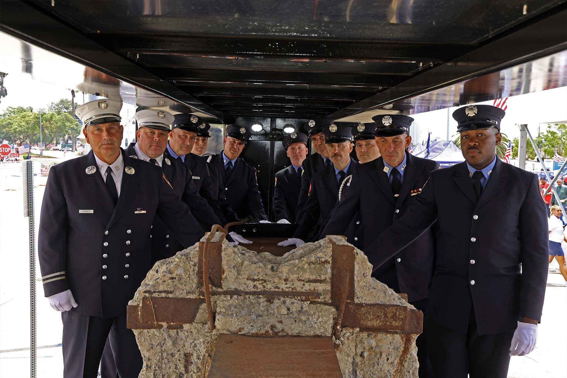 Service members honor the I-beam from Ground Zero at the Veterans Campus is West Los Angeles. (Tunnel to Towers)