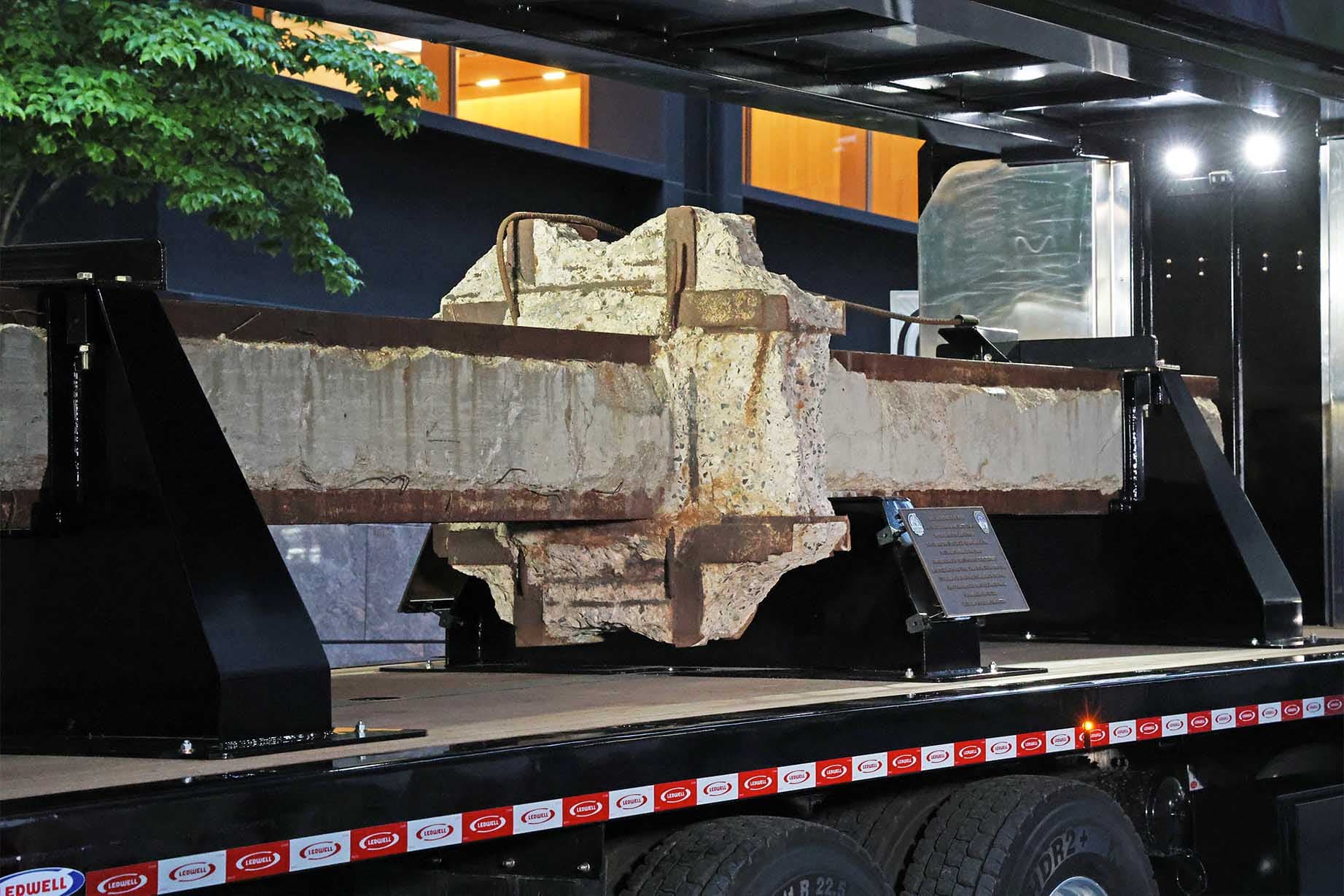 The I-beam salvaged from the South Tower of the World Trade Center is touring with Steel Across America on a custom-built flatbed truck. (Tunnel to Towers)