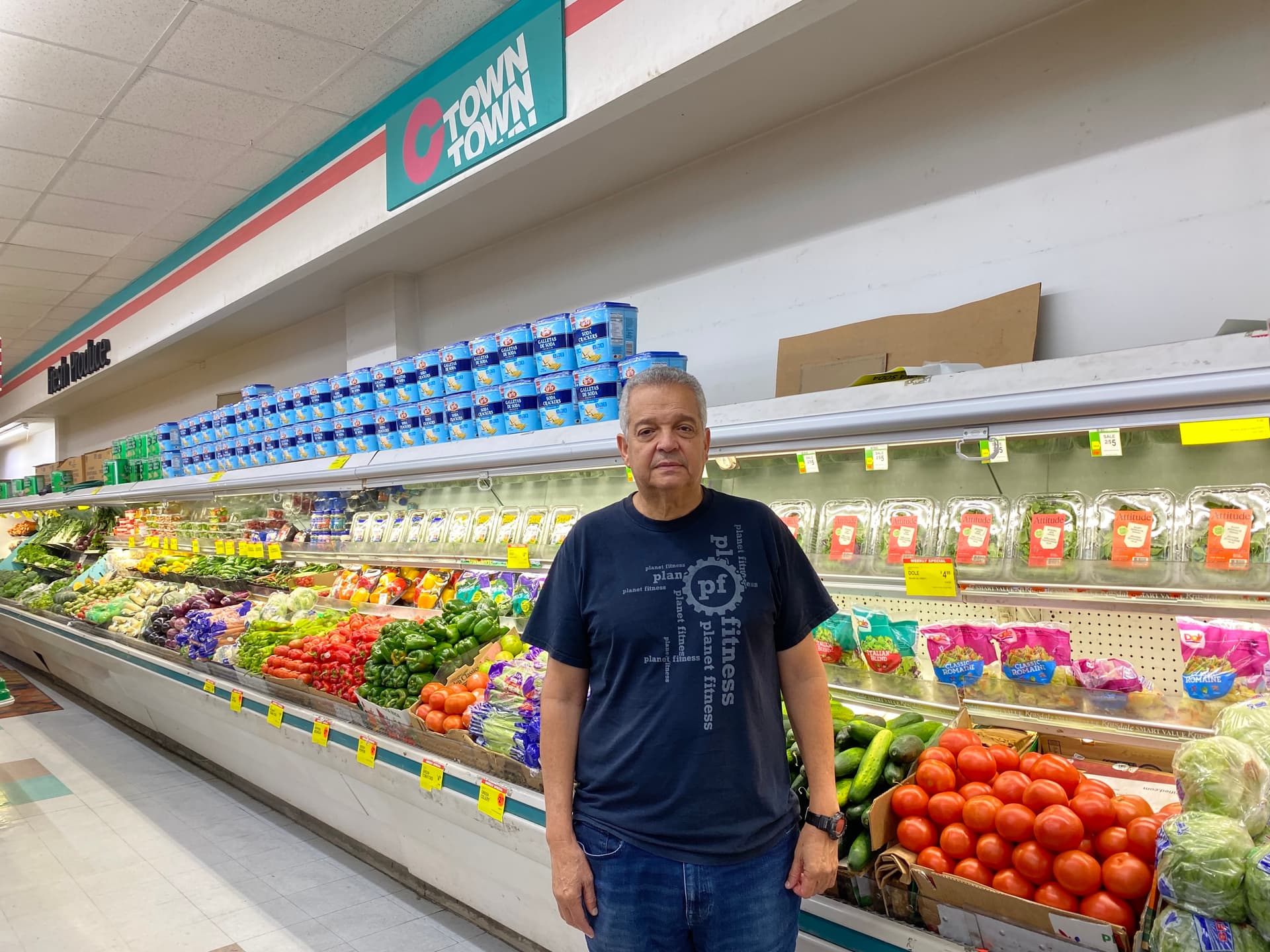Angel Nuñez stands by the produce section at his C-Town Supermarket in New York City on Aug. 31, 2026 (Nicholas Zifcak/The Epoch Times)