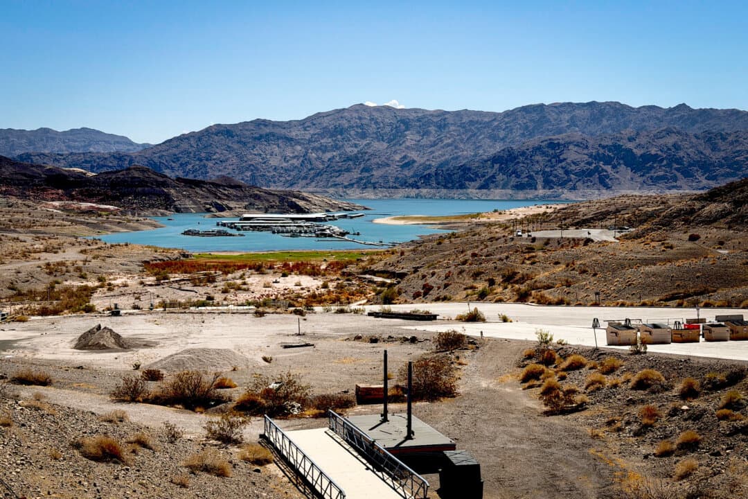 Callville Bay Marina at Lake Mead, near Boulder, Nev., on Aug. 27, 2026. A multi-decade drought has brought the lake to its lowest level in decades. (Allan Stein/The Epoch Times)