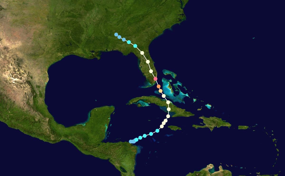 Track map of Hurricane King of the 1950 Atlantic hurricane season. The points show the location of the storm at six-hour intervals. (Public Domain)
