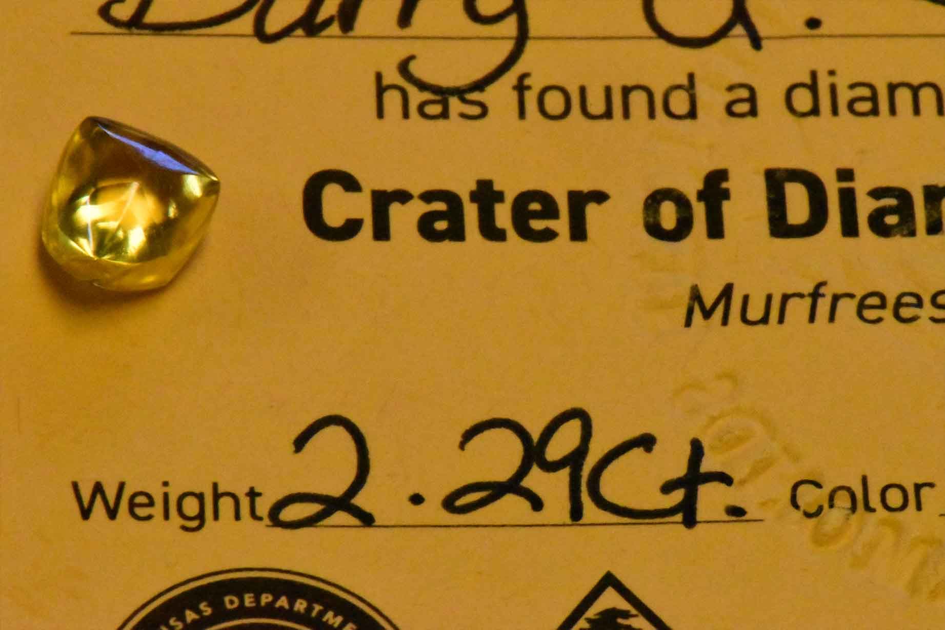 Smith registered his 2.29-carat yellow diamond, dubbing it the Sage Juniper Diamond after his two granddaughters. (Crater of Diamonds State Park)