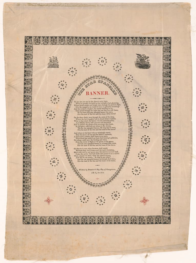 Print shows the text of the "The Star Spangled Banner" within an oval design at center, surrounded by circular star-bursts that contain letters spelling "Bombardment of Fort M'Henry" within a frame that has a ship in the upper left corner and the seal of the United States in the upper right corner. Library of Congress. (Public Domain)
