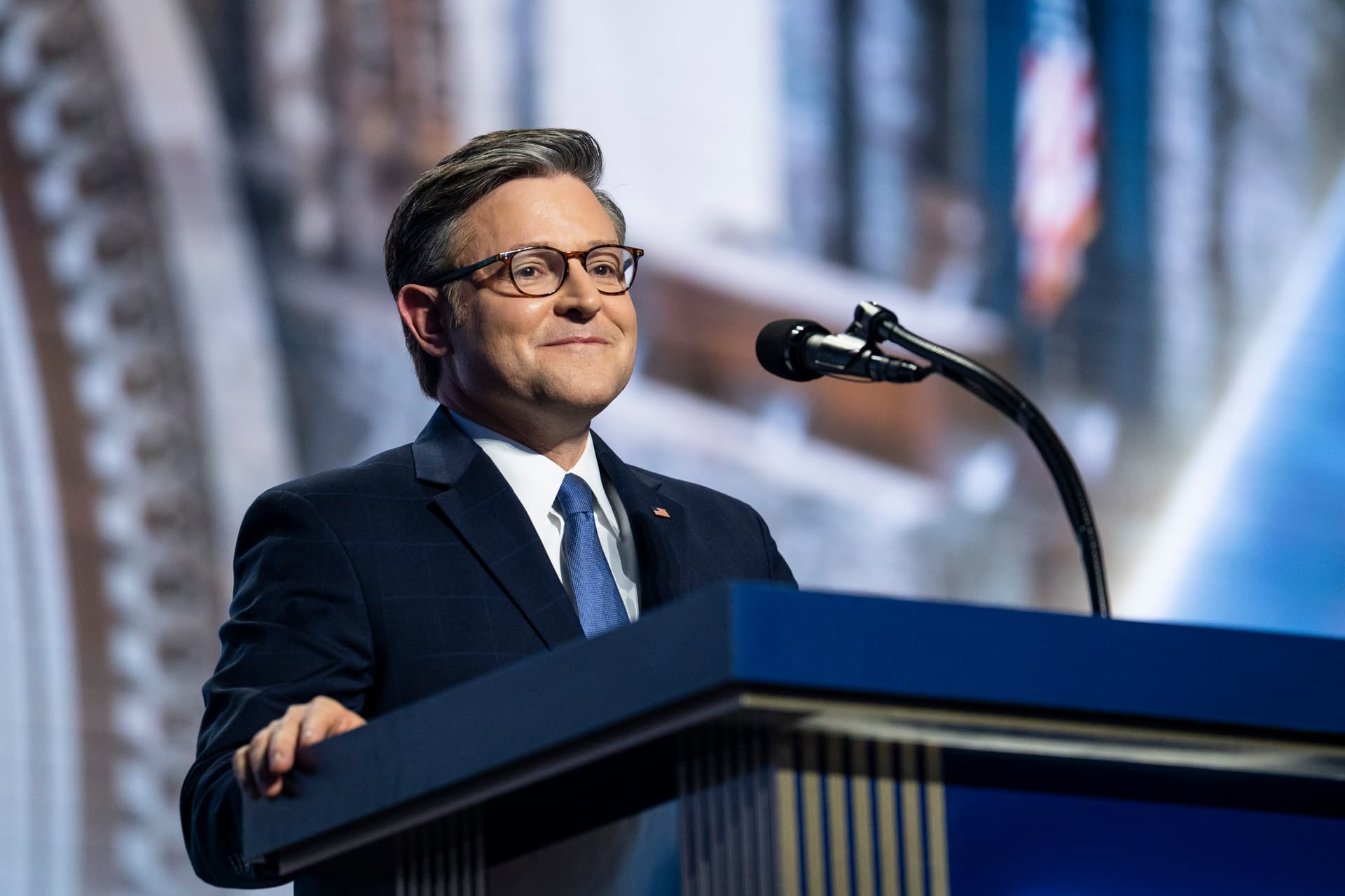 House Speaker Mike Johnson (R-La.) speaks during the second day of the 2026 Republican Midterm Convention in Dallas on Sept. 10, 2026. (Madalina Kilroy/The Epoch Times)