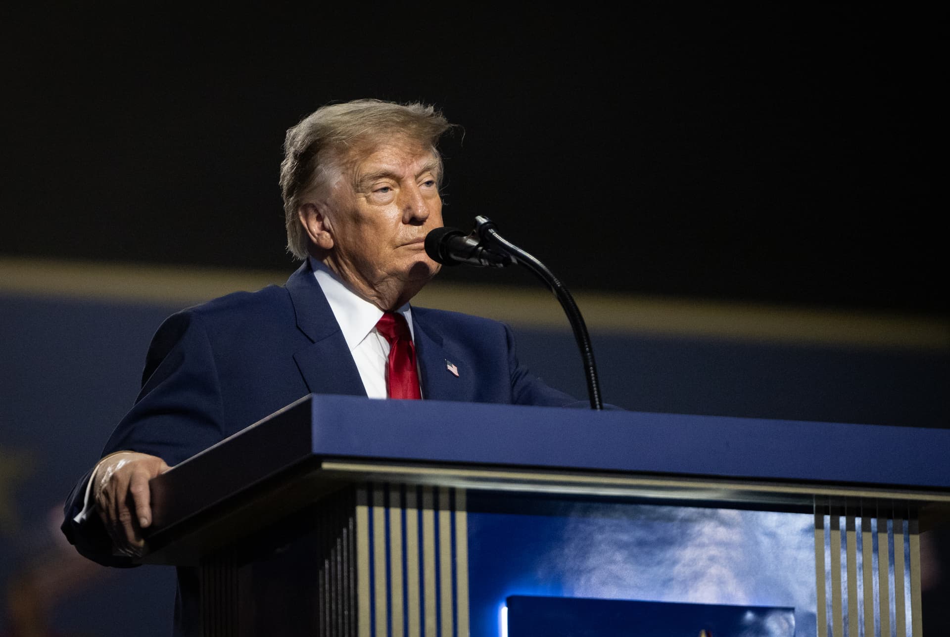 U.S. President Donald Trump speaks at day two of the 2026 Republican National Committee (RNC) Midterm Convention in Dallas on Sept. 10, 2026. (John Fredricks/The Epoch Times)