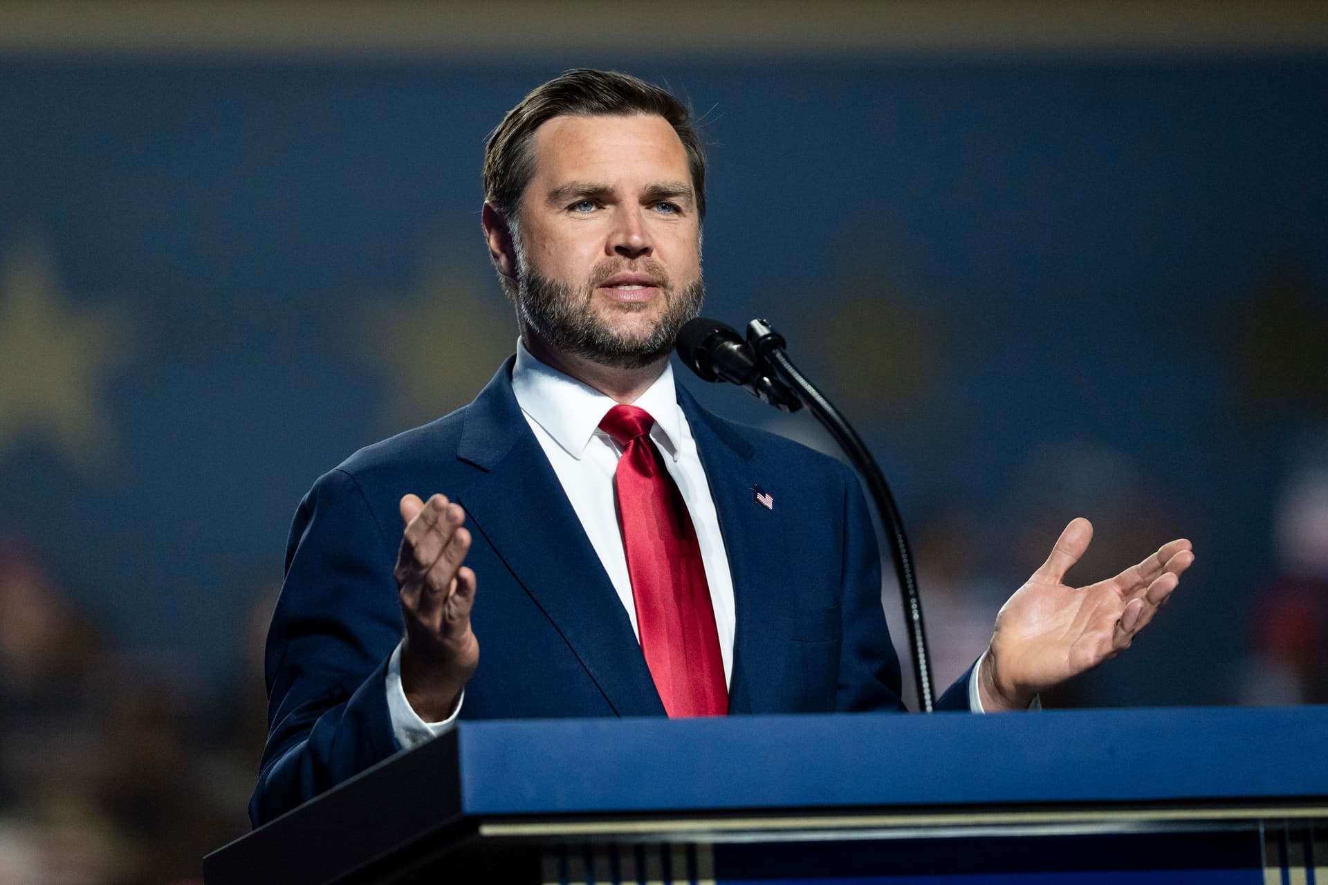 Vice President JD Vance speaks during the second day of the 2026 Republican Midterm Convention in Dallas on Sept. 10, 2026. (Madalina Kilroy/The Epoch Times)