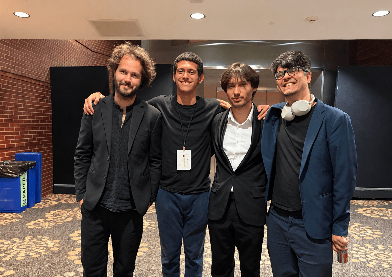Pianists gather to celebrate the conclusion of the Eighth NTD International Piano Competition in New York City on Sept. 5, 2026. (L–R) Antonii Baryshevskyi, Gold Award winner of the Sixth NTD International Piano Competition in 2022; U.S. contestant Rosendo Schwartz; 2024 Gold Award winner Vitalii Khairutdinov; and Portuguese contestant Tiago Rosário. (NTD)
