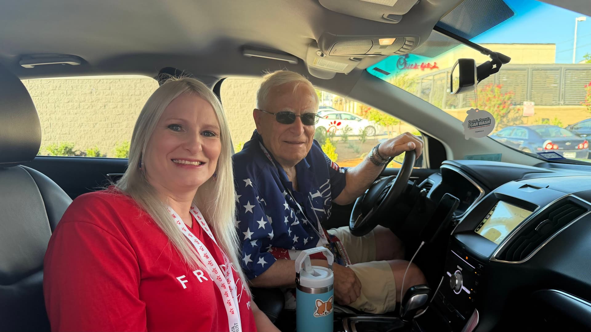 Molly Sprenger and her father Monte Mutschler of San Antonio pause at a Dallas hotel to comment on their attendance at the first-ever Republican midterm convention in Dallas on Sept. 10, 2026. (The Epoch Times/Janice Hisle)