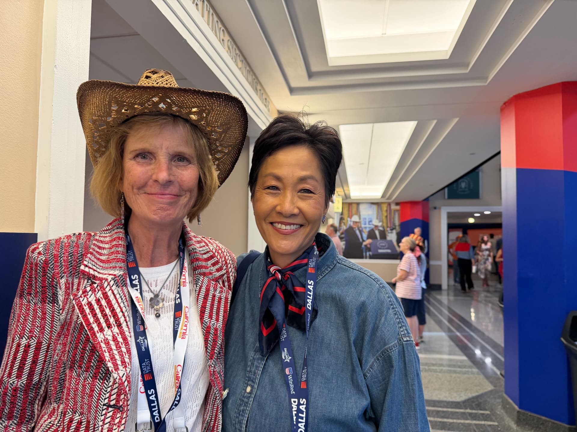 Brita Lindstrom (L) and Judy Simaroth, both of San Diego, attend the first-ever Republican midterm convention in Dallas on Sept. 9, 2026. (Janice Hisle/The Epoch Times)