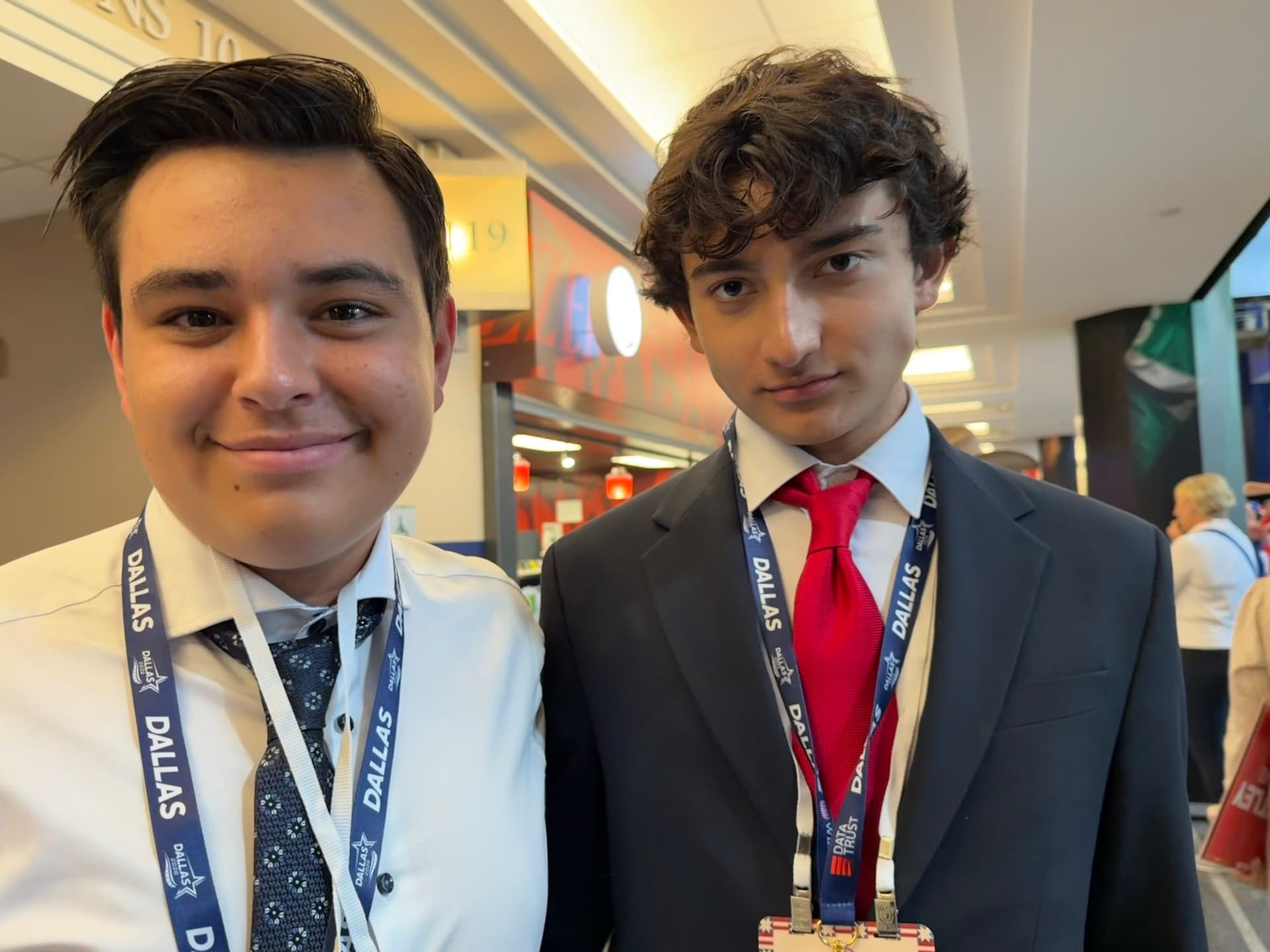 A pair of 16-year-olds from Newport Beach, Calif., Jordan Smith (L) and Ali Talebloo, were among the youngest attendees at the 2026 Republican National Committee Midterm Convention in Dallas on Sept. 9, 2026. (Janice Hisle/The Epoch Times)